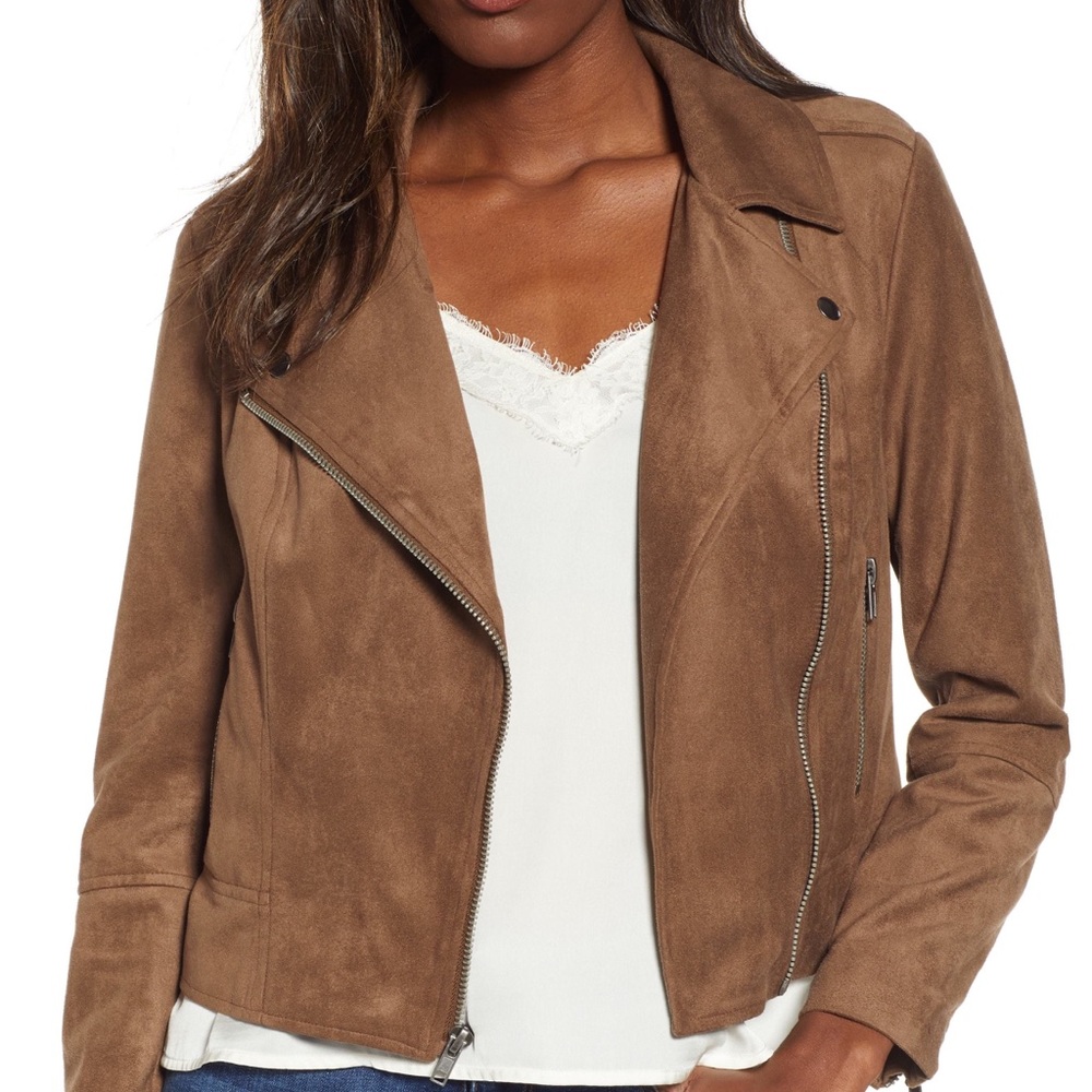 BB Dakota Not Your Baby Faux Suede Moto Jacket - Mocha - Size Medium